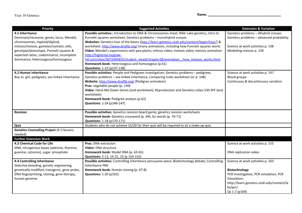 Year 10 Genetics s1