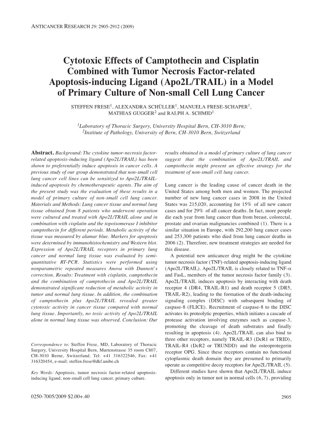 Cytotoxic Effects of Camptothecin and Cisplatin Combined with Tumor Necrosis Factor-Related Apoptosis-Inducing Ligand