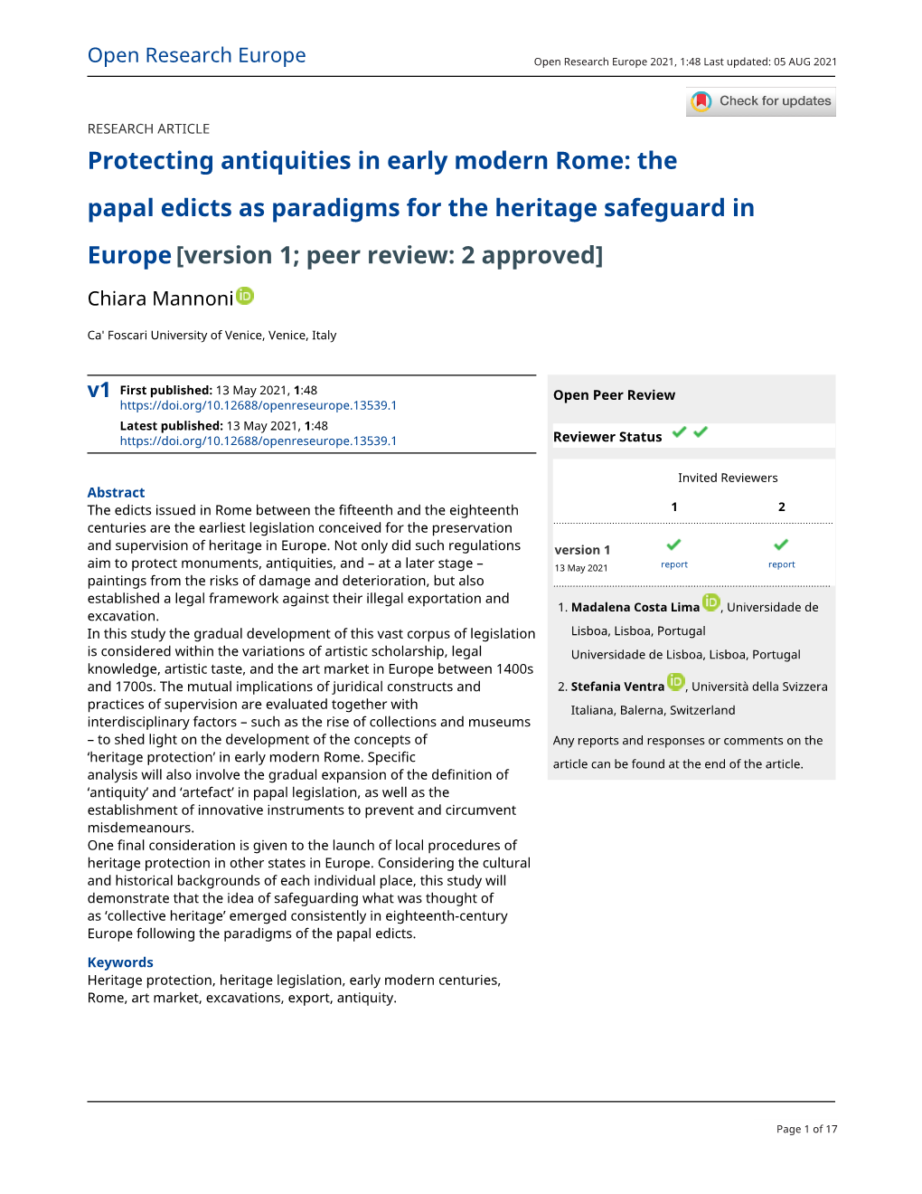 Protecting Antiquities in Early Modern Rome: the Papal Edicts As Paradigms for the Heritage Safeguard in Europe[Version