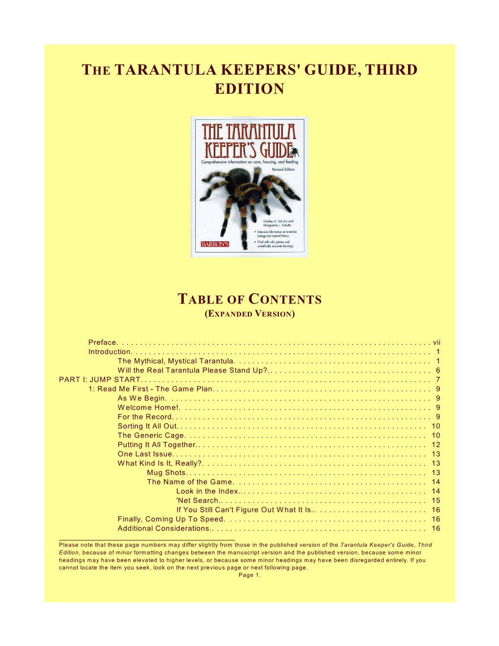 The Tarantula Keepers' Guide, Third Edition Table of Contents