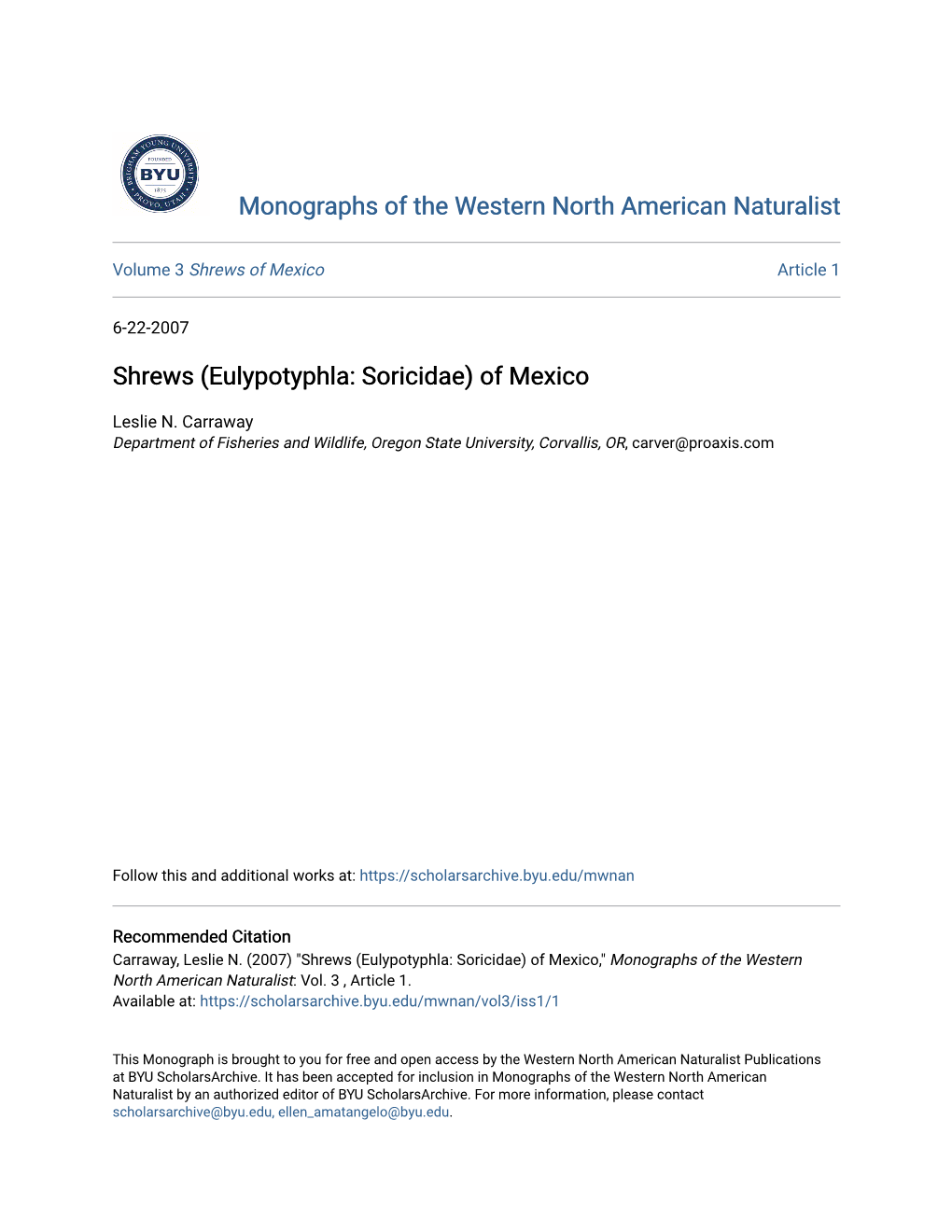 Shrews (Eulypotyphla: Soricidae) of Mexico