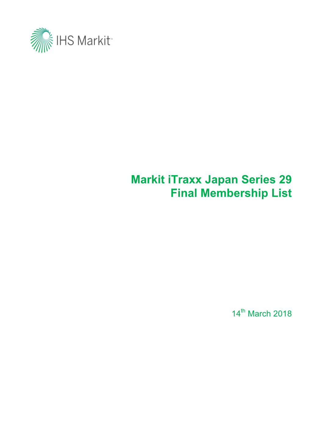 Markit Itraxx Japan Series 29 Final Membership List