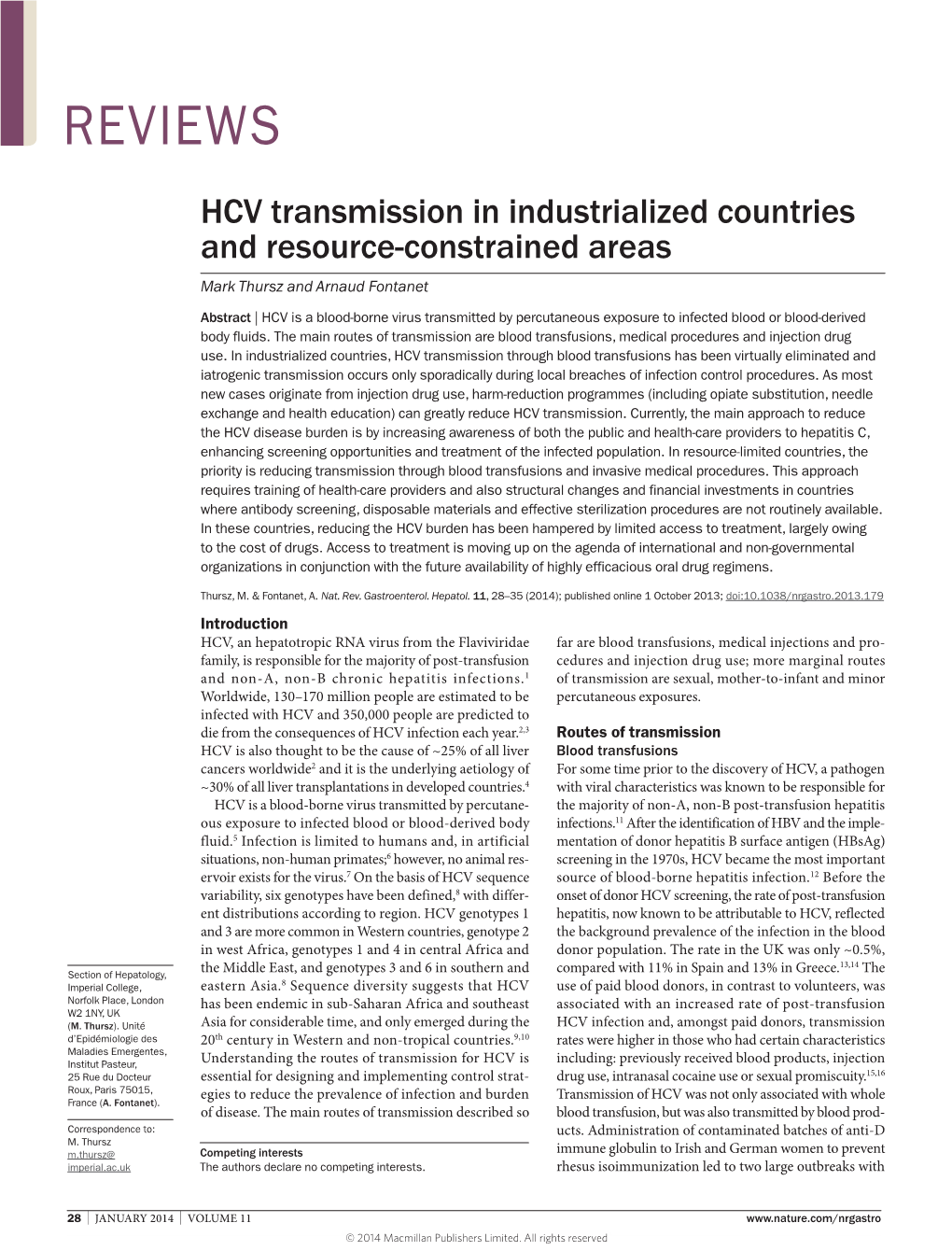HCV Transmission in Industrialized Countries and Resource-Constrained Areas Mark Thursz and Arnaud Fontanet