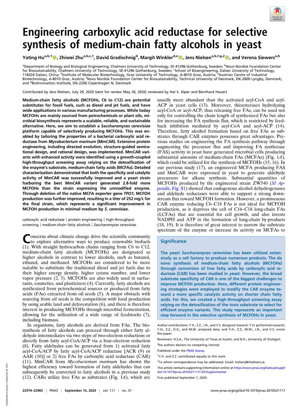 Engineering Carboxylic Acid Reductase for Selective Synthesis of Medium-Chain Fatty Alcohols in Yeast