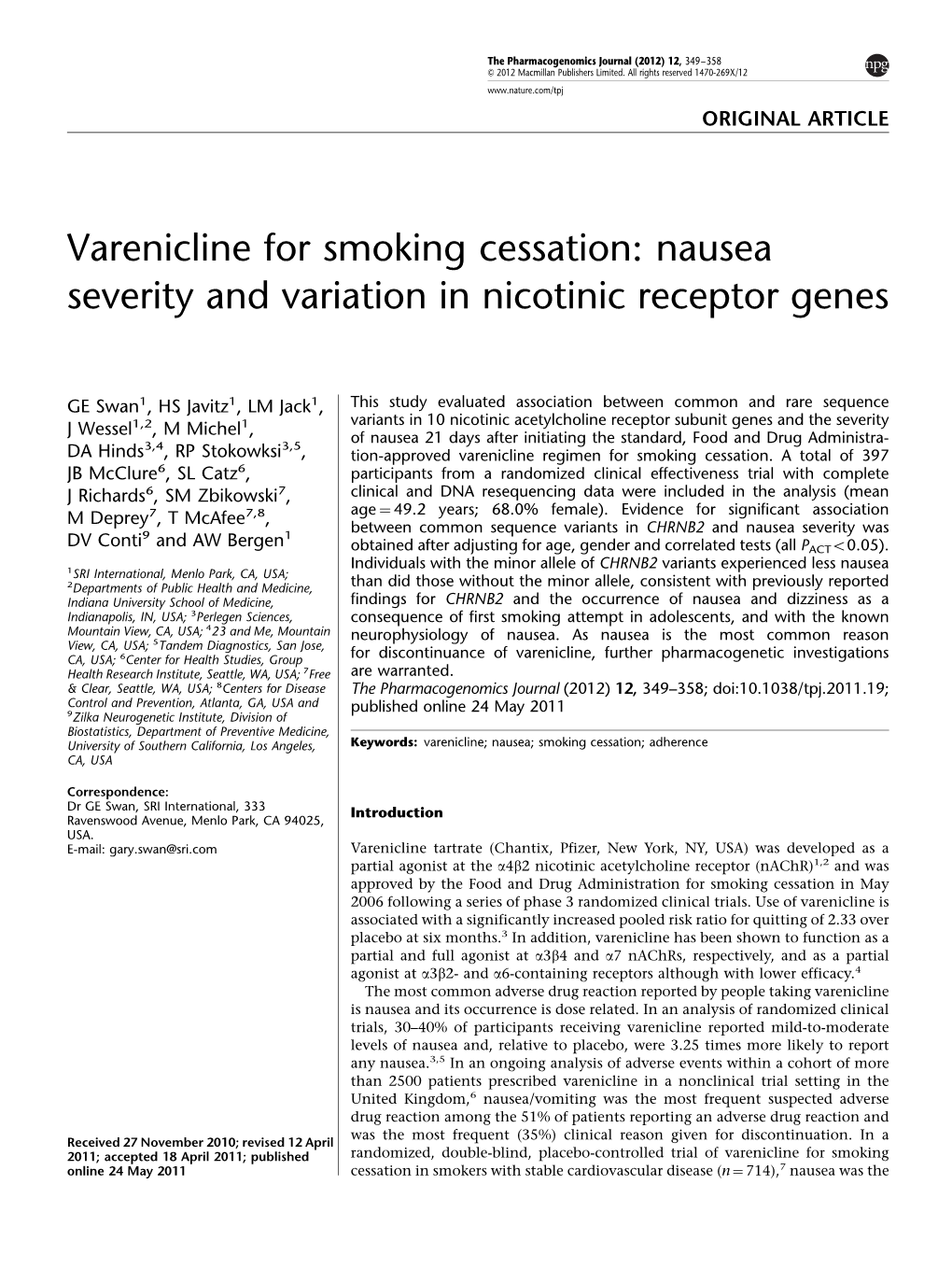 Nausea Severity and Variation in Nicotinic Receptor Genes