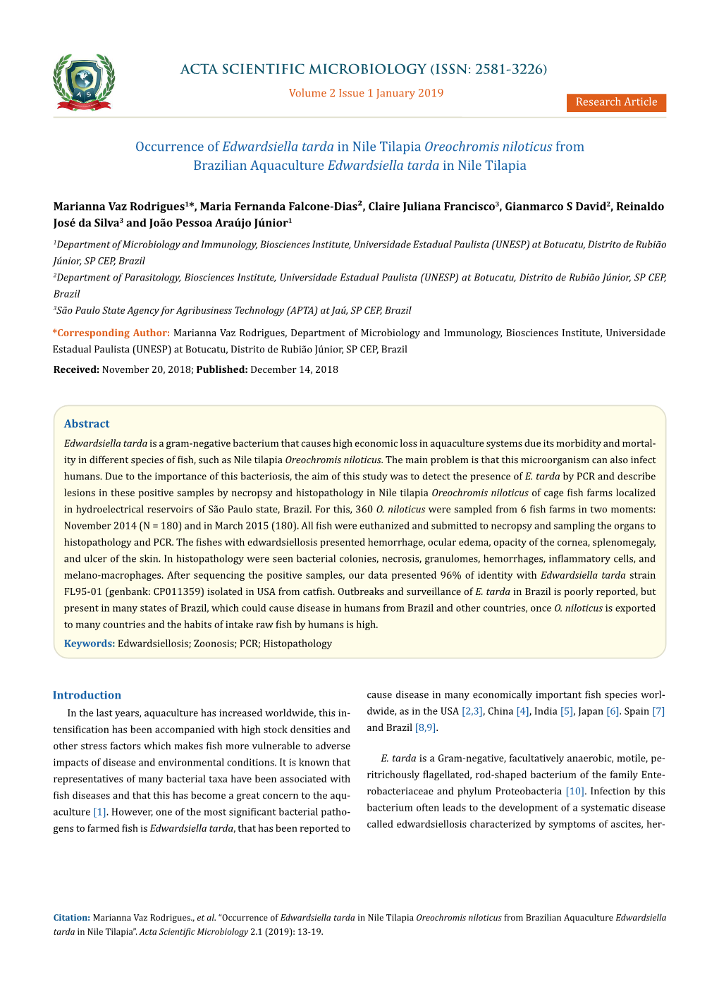 Occurrence of Edwardsiella Tarda in Nile Tilapia Oreochromis Niloticus from Brazilian Aquaculture Edwardsiella Tarda in Nile Tilapia