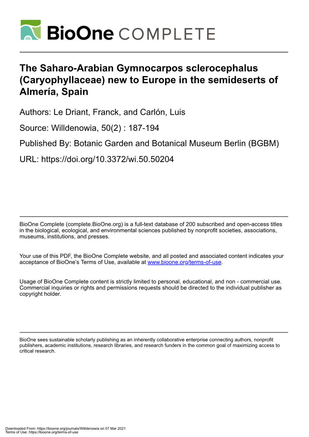 The Saharo-Arabian Gymnocarpos Sclerocephalus (Caryophyllaceae) New to Europe in the Semideserts of Almería, Spain