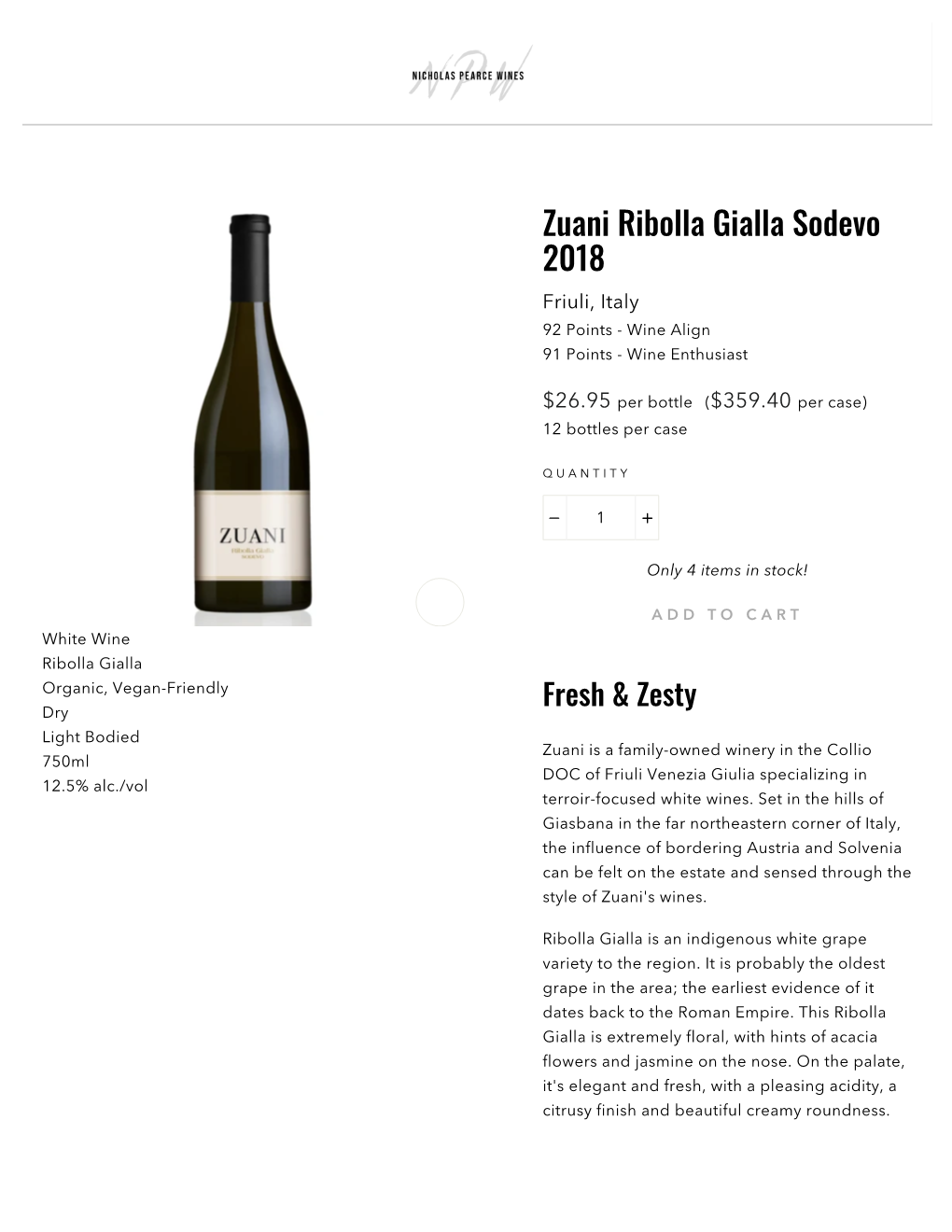 Zuani Ribolla Gialla Sodevo 2018 Friuli, Italy 92 Points - Wine Align 91 Points - Wine Enthusiast