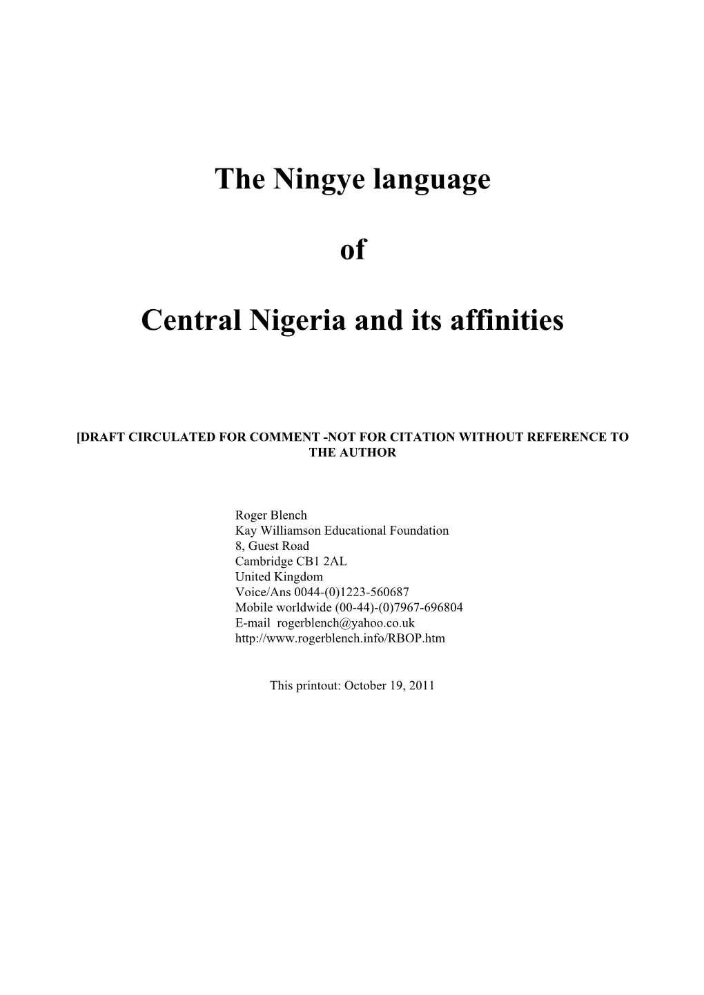 The Ningye Language of Central Nigeria and Its Affinities