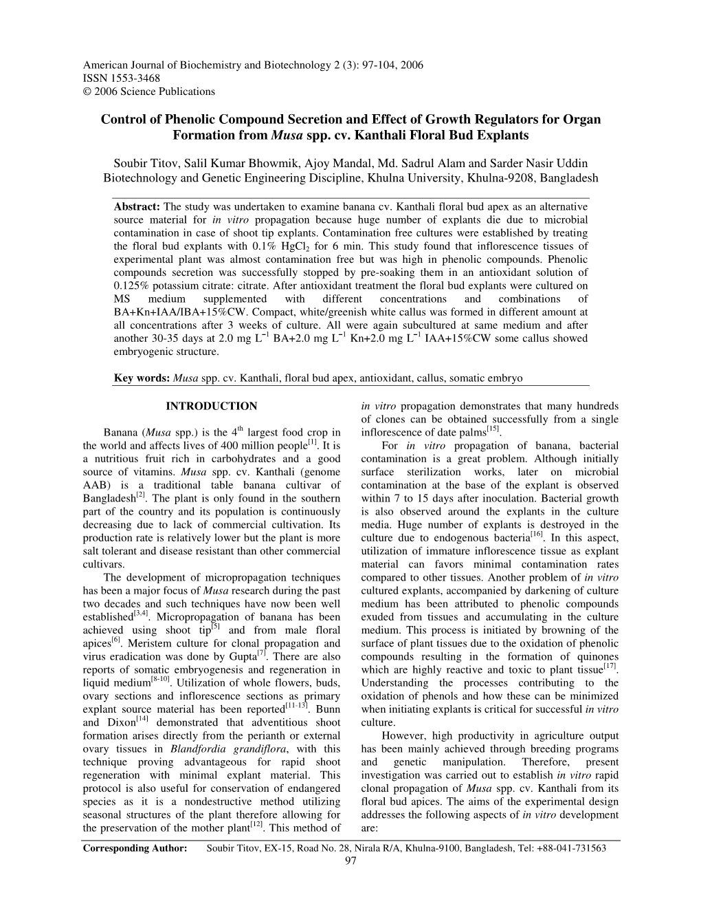 Control of Phenolic Compound Secretion and Effect of Growth Regulators for Organ Formation from Musa Spp