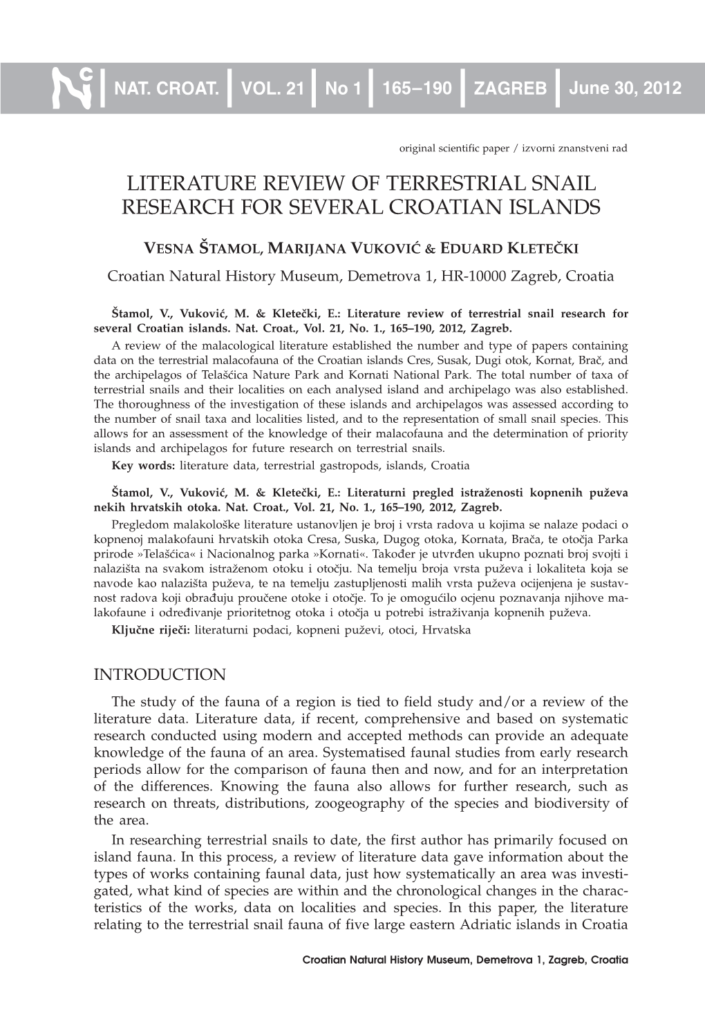 Literature Review of Terrestrial Snail Research for Several Croatian Islands
