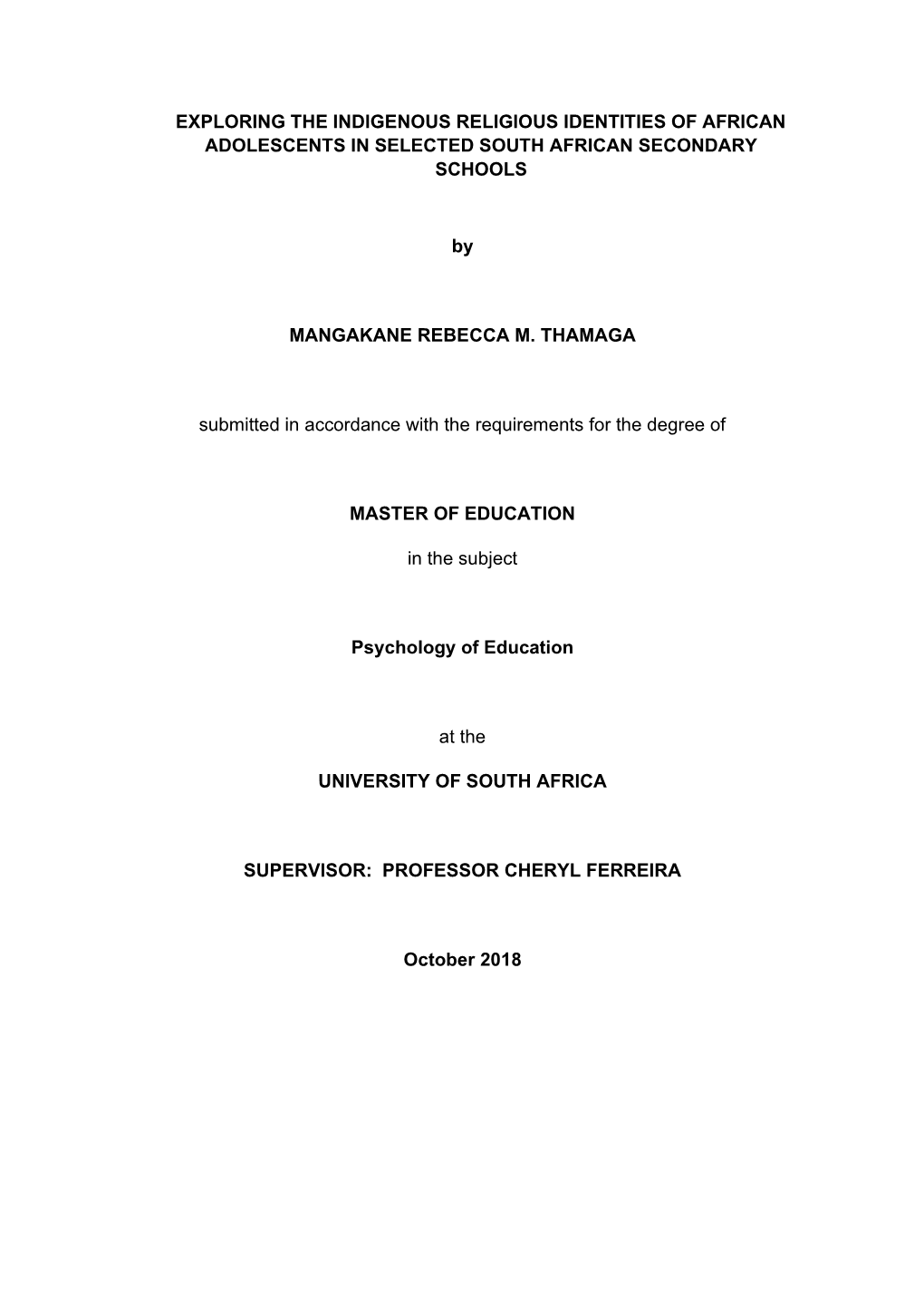 Exploring the Indigenous Religious Identities of African Adolescents in Selected South African Secondary Schools
