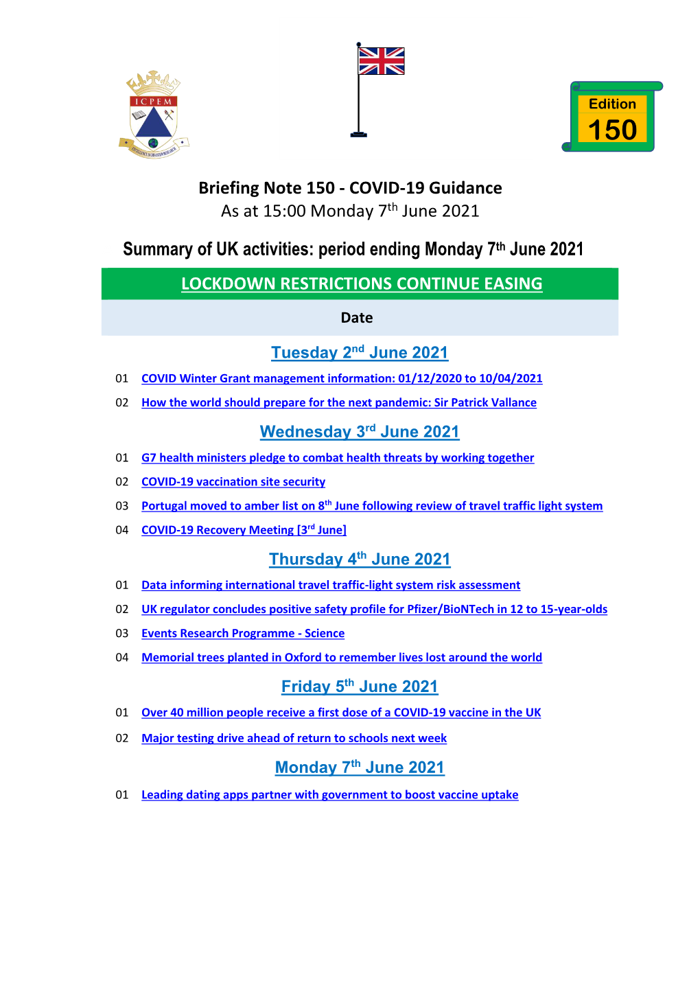 Briefing Note 150 - COVID-19 Guidance As at 15:00 Monday 7Th June 2021