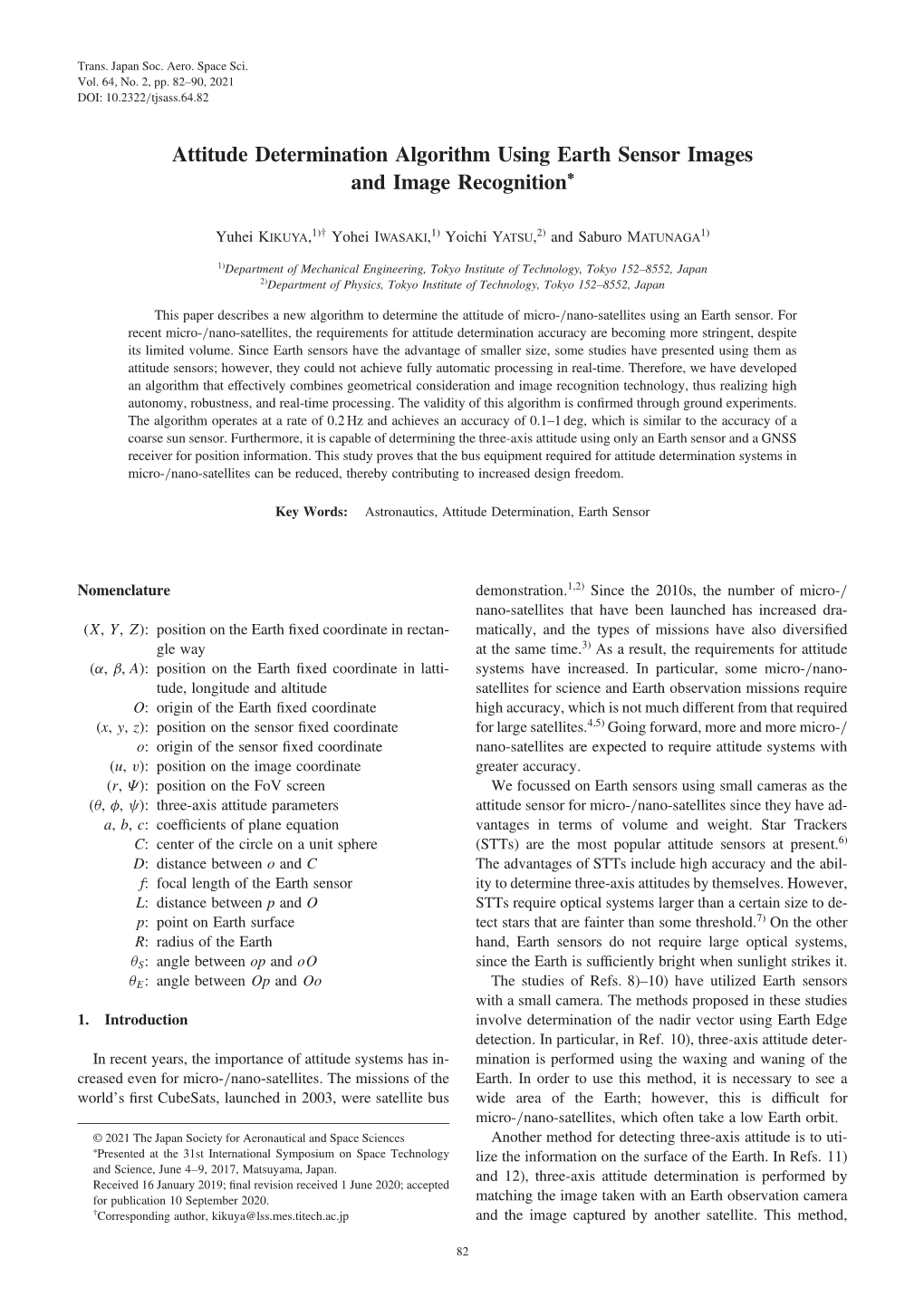 Attitude Determination Algorithm Using Earth Sensor Images and Image Recognition*