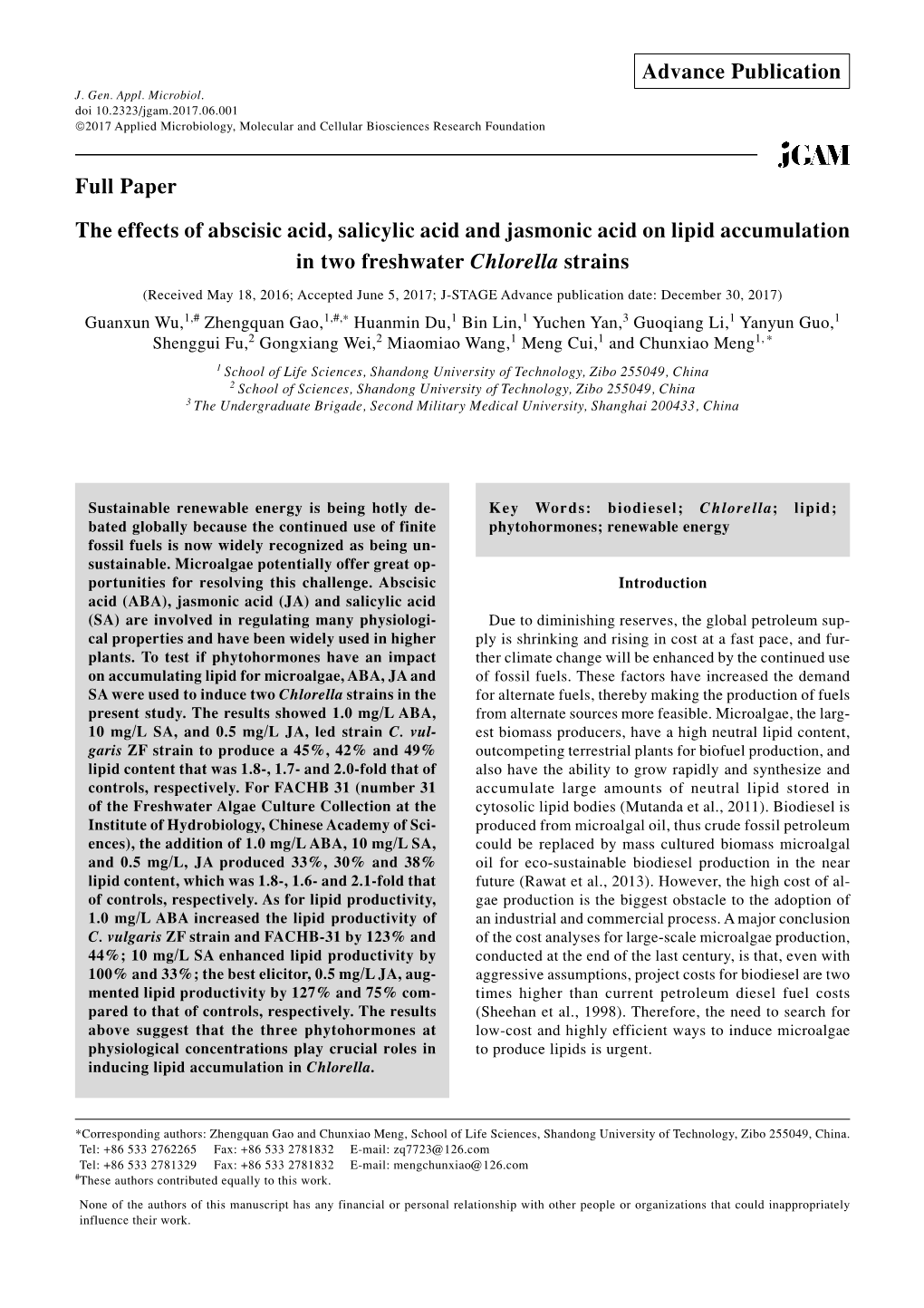 The Effects of Abscisic Acid, Salicylic Acid and Jasmonic Acid on Lipid Accumulation in Two Freshwater Chlorella Strains