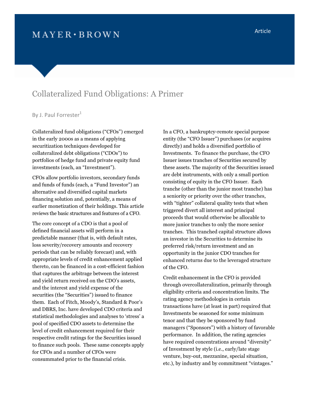 Collateralized Fund Obligations: a Primer