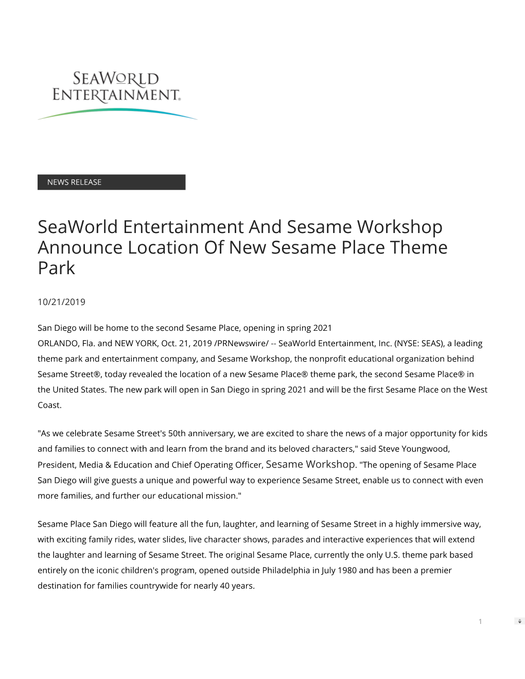 Seaworld Entertainment and Sesame Workshop Announce Location of New Sesame Place Theme Park