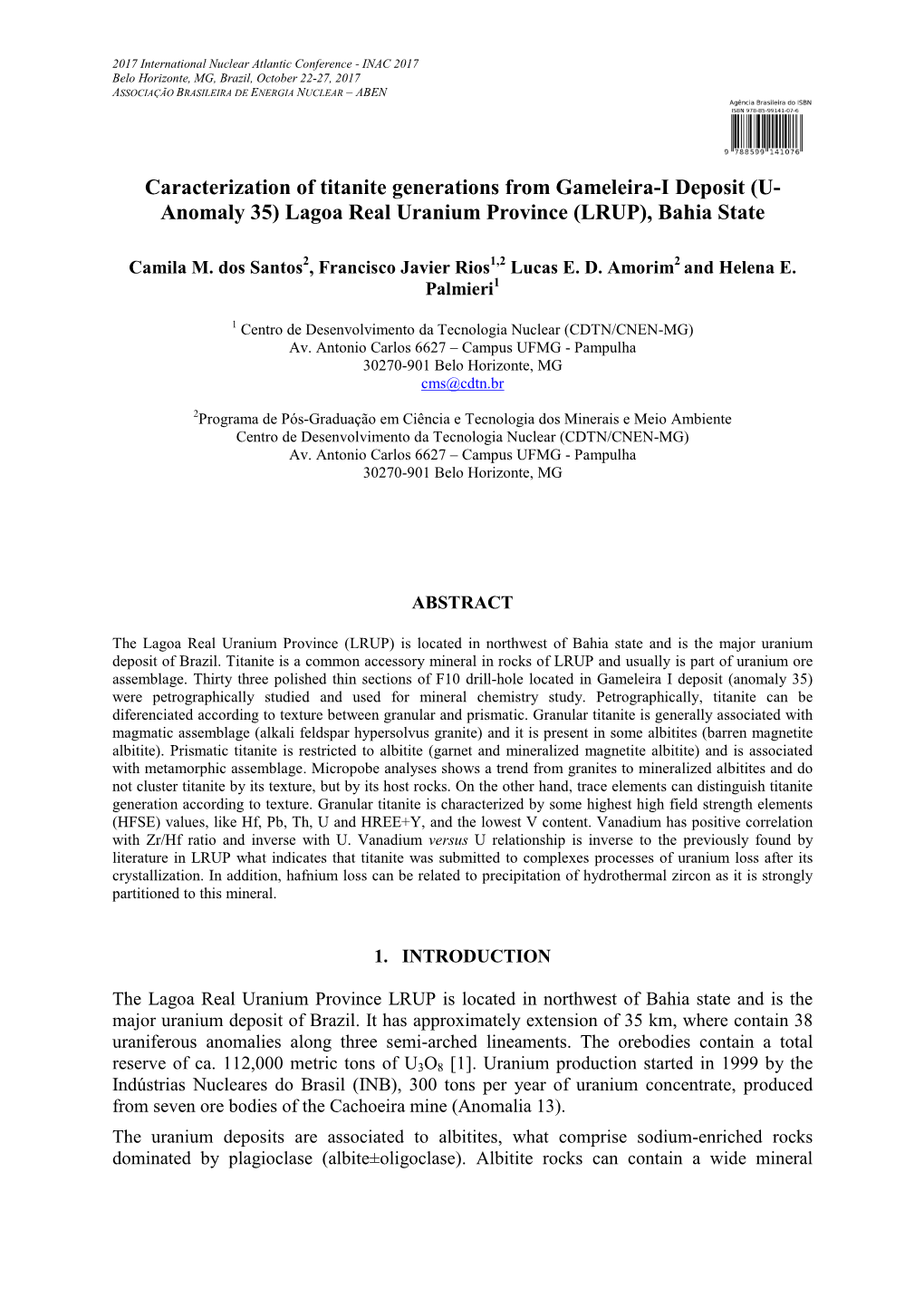 Caracterization of Titanite Generations from Gameleira-I Deposit (U- Anomaly 35) Lagoa Real Uranium Province (LRUP), Bahia State