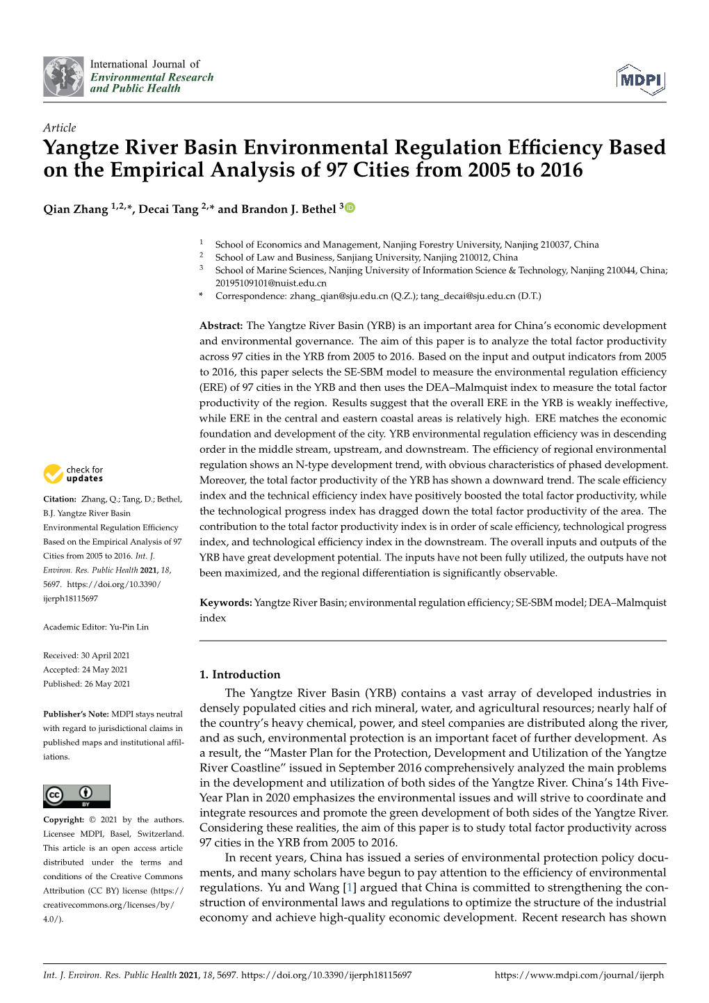 Yangtze River Basin Environmental Regulation Efficiency