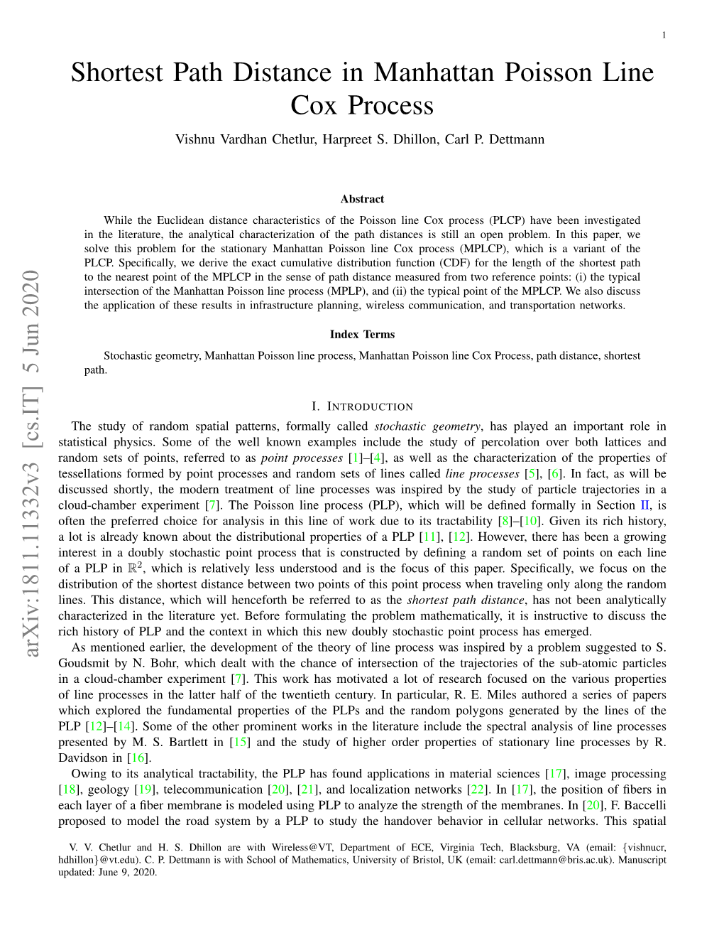 Shortest Path Distance in Manhattan Poisson Line Cox Process Vishnu Vardhan Chetlur, Harpreet S