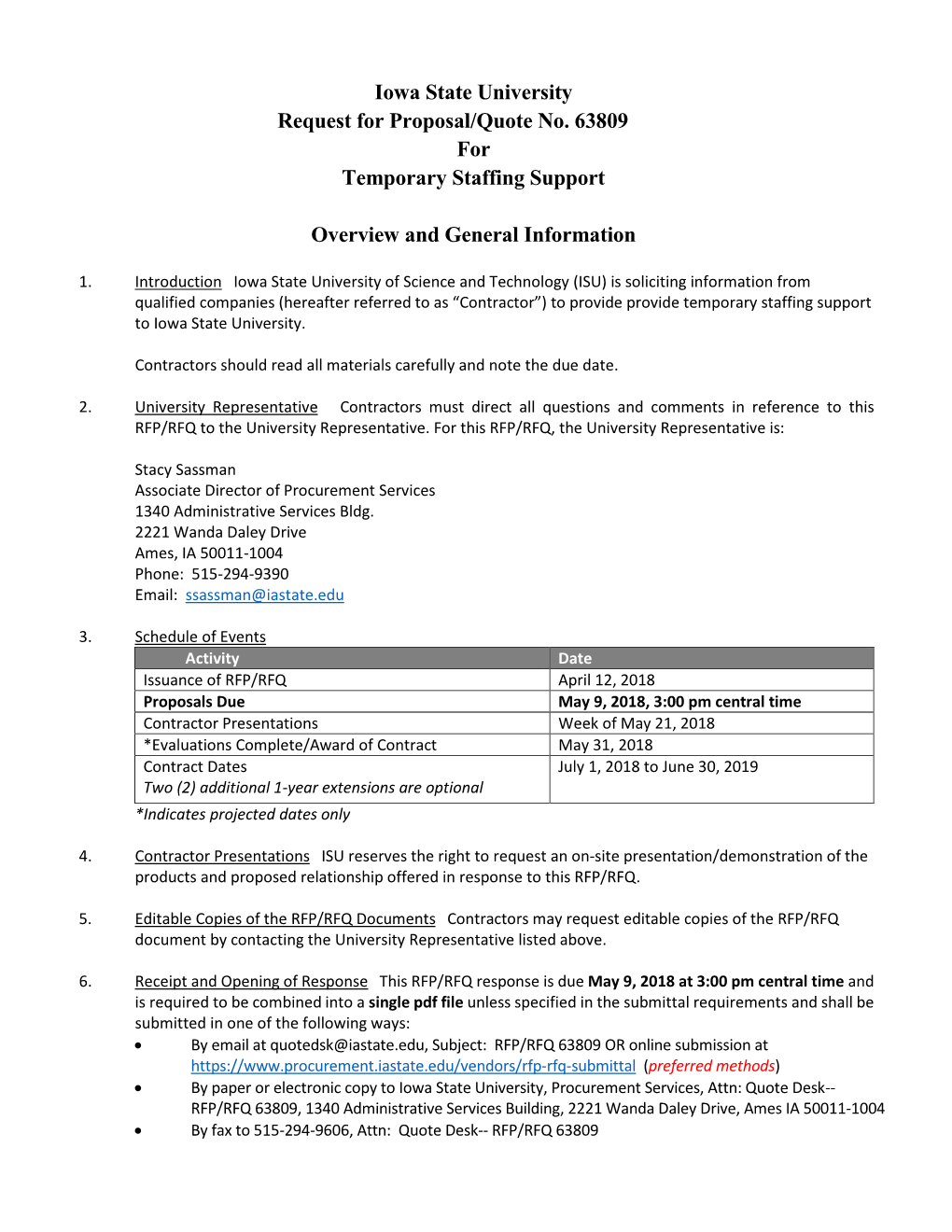 Iowa State University Request for Proposal/Quote No. 63809 for Temporary Staffing Support