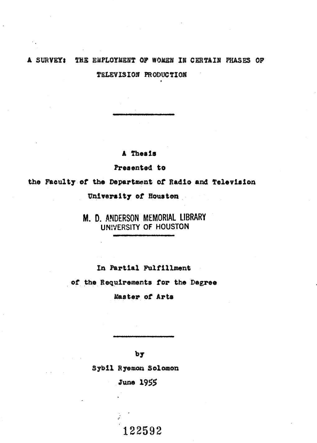 The Employment of Women in Certain Phases of Television Production