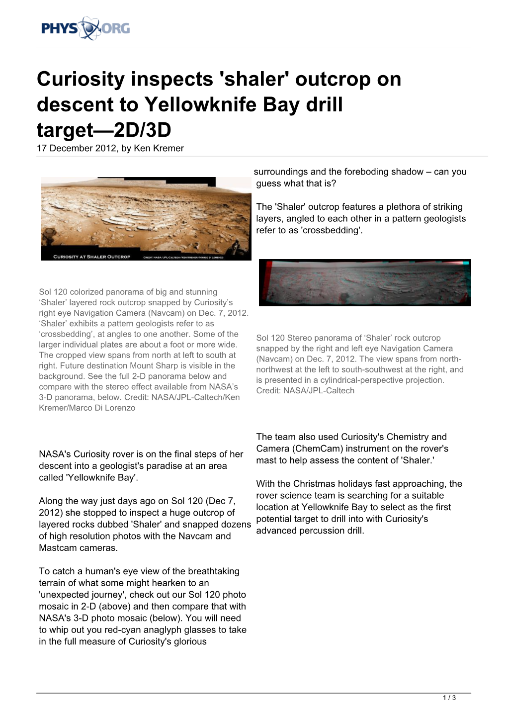 Outcrop on Descent to Yellowknife Bay Drill Target—2D/3D 17 December 2012, by Ken Kremer