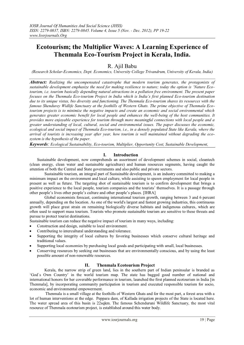 A Learning Experience of Thenmala Eco-Tourism Project in Kerala, India