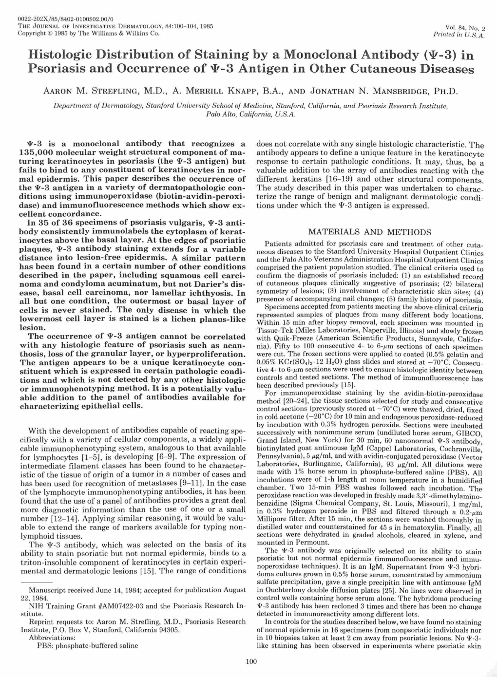 In Psoriasis and Occurrence of Ψ-3 Antigen in Other Cutaneo