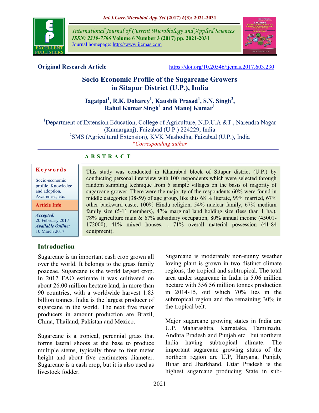 Socio Economic Profile of the Sugarcane Growers in Sitapur District (U.P.), India