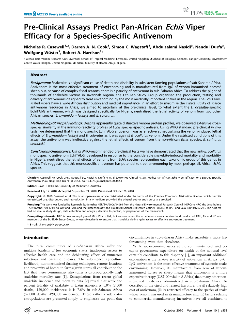 Pre-Clinical Assays Predict Pan-African Echis Viper Efficacy for a Species-Specific Antivenom