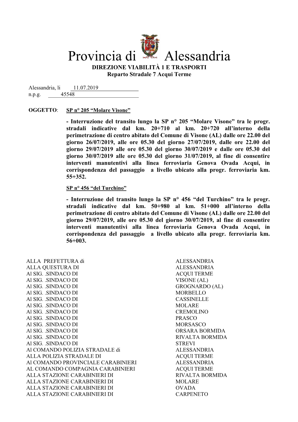 Provincia Di Alessandria DIREZIONE VIABILITÀ 1 E TRASPORTI Reparto Stradale 7 Acqui Terme