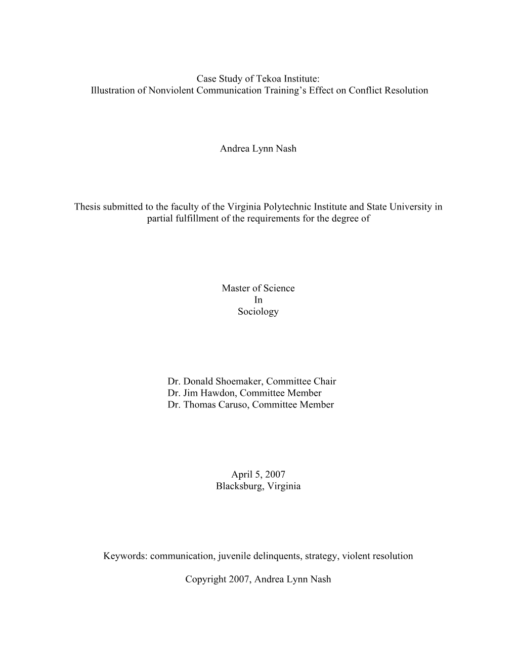 Case Study of Tekoa Institute: Illustration of Nonviolent Communication Training’S Effect on Conflict Resolution