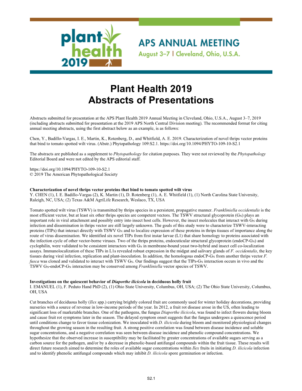 Plant Health 2019 Abstracts of Presentations