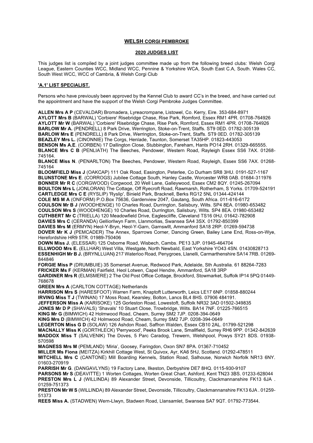 WELSH CORGI PEMBROKE 2020 JUDGES LIST This Judges List Is