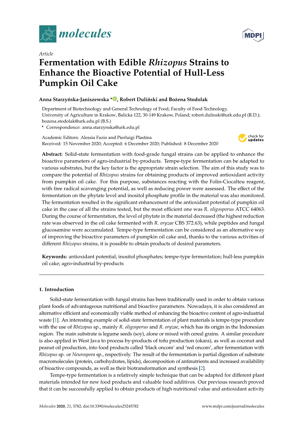 Fermentation with Edible Rhizopus Strains to Enhance the Bioactive Potential of Hull-Less Pumpkin Oil Cake