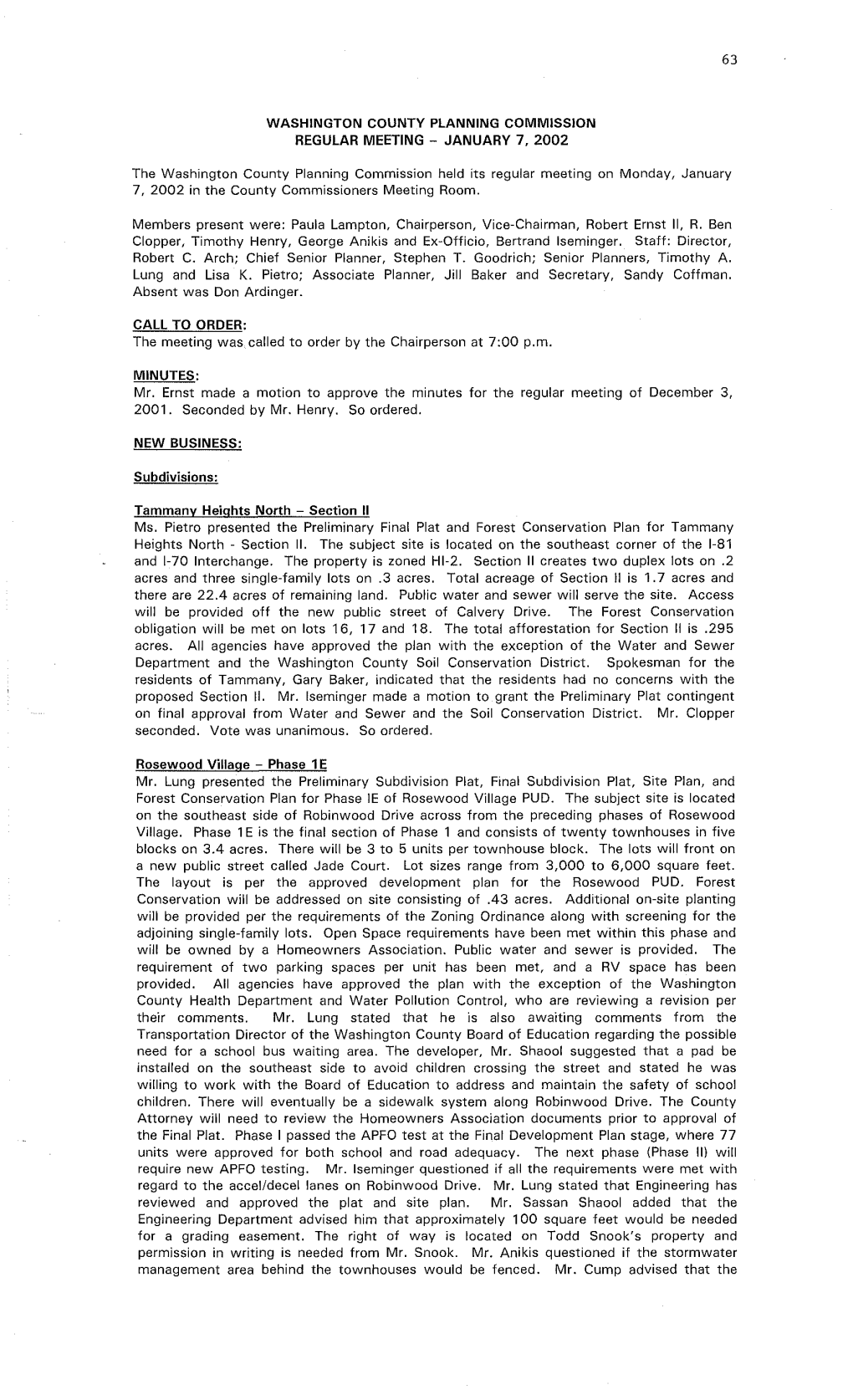 JANUARY 7, 2002 the Washington County Planning Commission Held