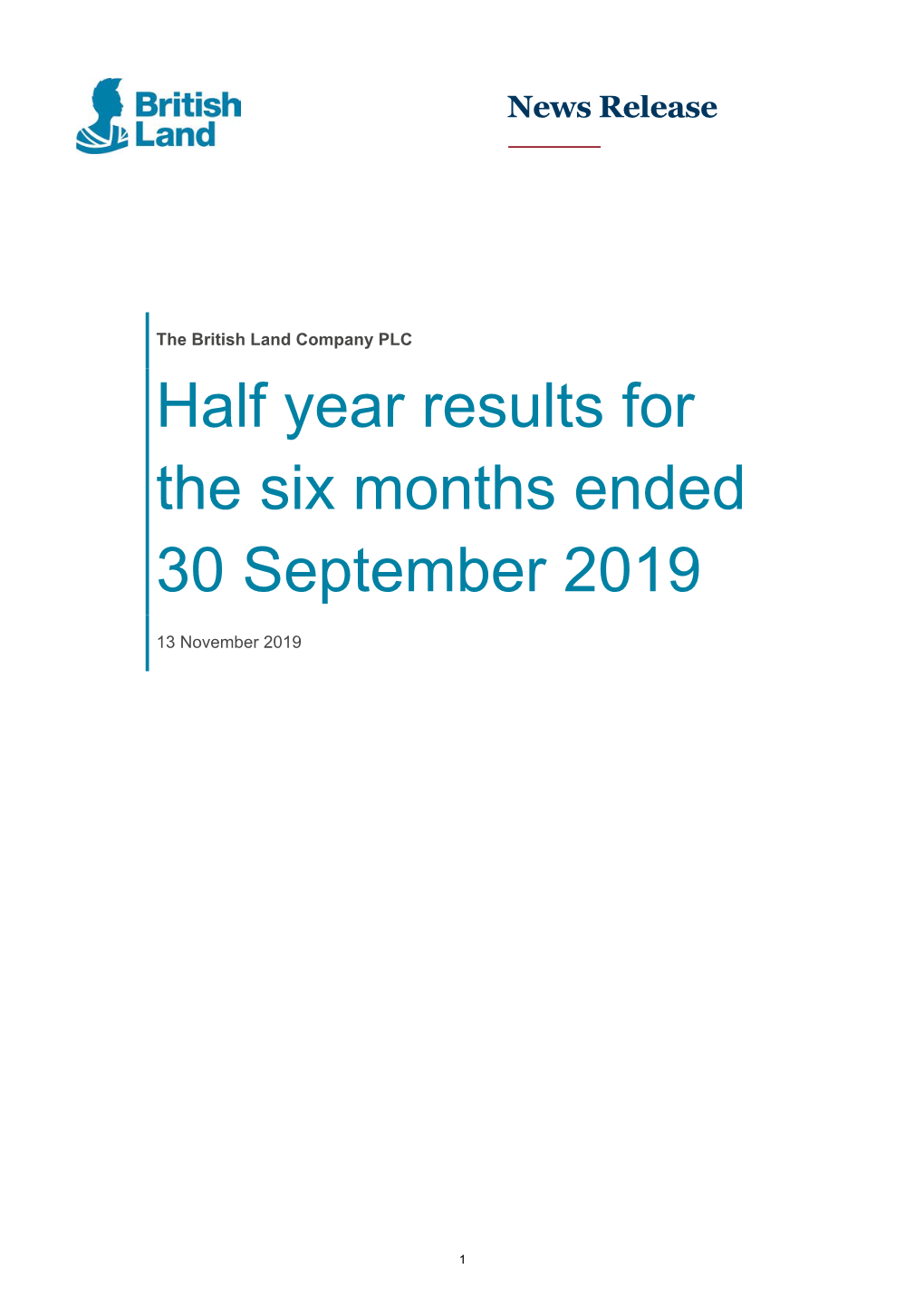 Half Year Results for the Six Months Ended 30 September 2019