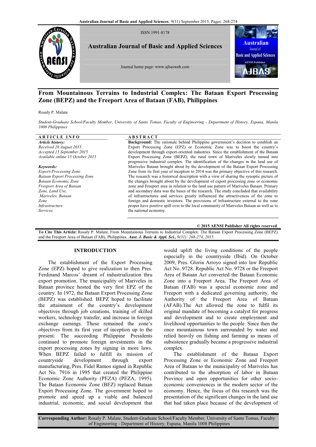 Australian Journal of Basic and Applied Sciences from Mountainous Terrains to Industrial Complex: the Bataan Export Processing Z