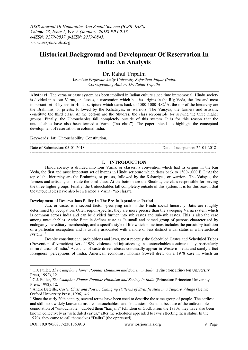 Historical Background and Development of Reservation in India: an Analysis