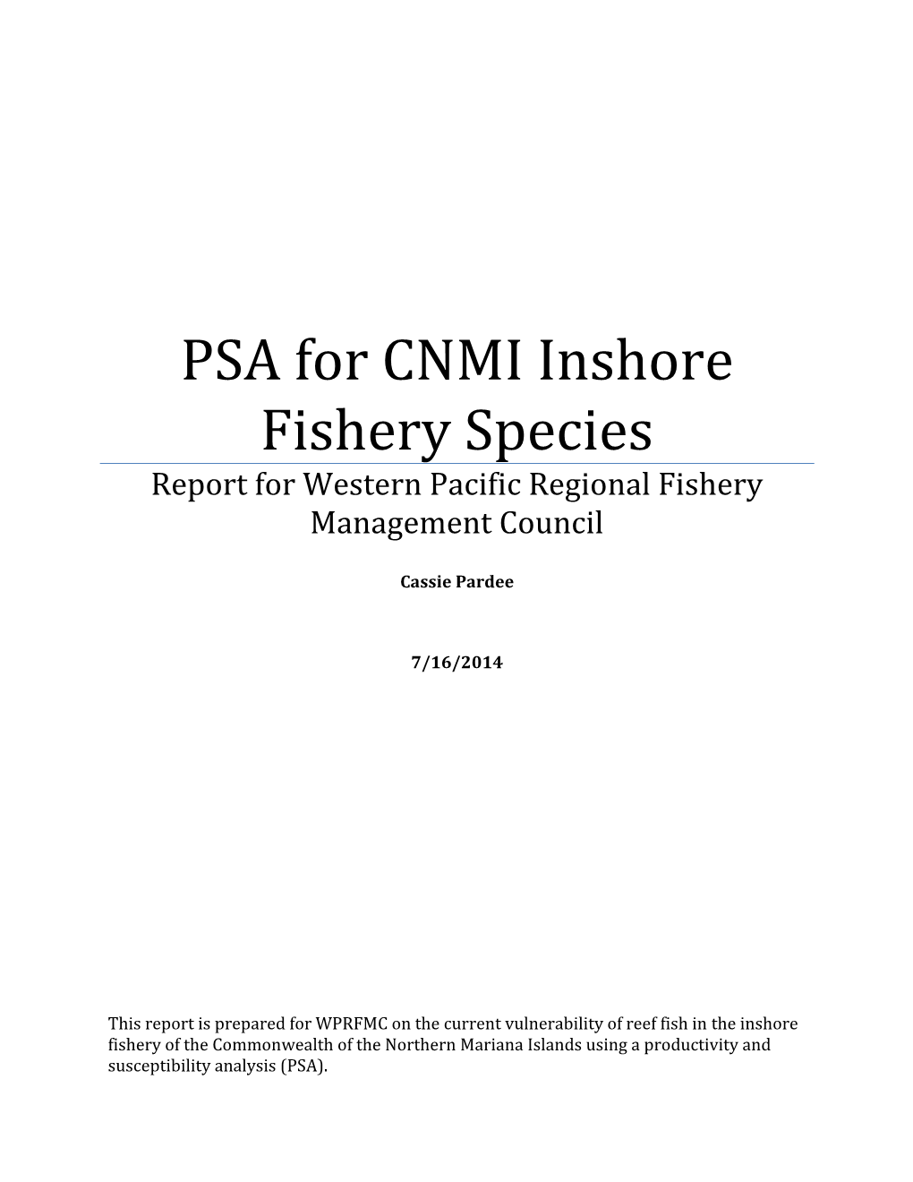 PSA for CNMI Inshore Fishery Species Report for Western Pacific Regional Fishery Management Council