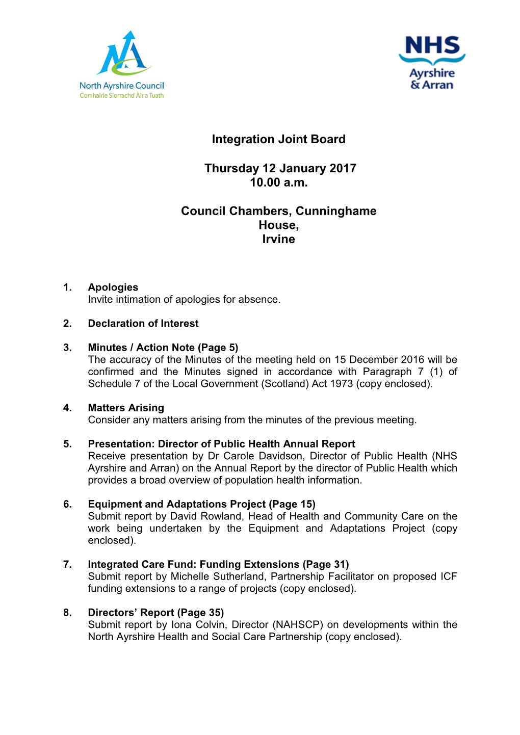 Integration Joint Board Thursday 12 January 2017 10.00 A.M. Council