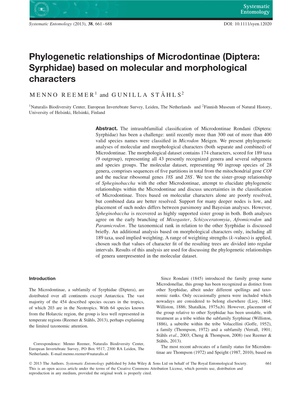 Phylogenetic Relationships of Microdontinae (Diptera: Syrphidae) Based on Molecular and Morphological Characters