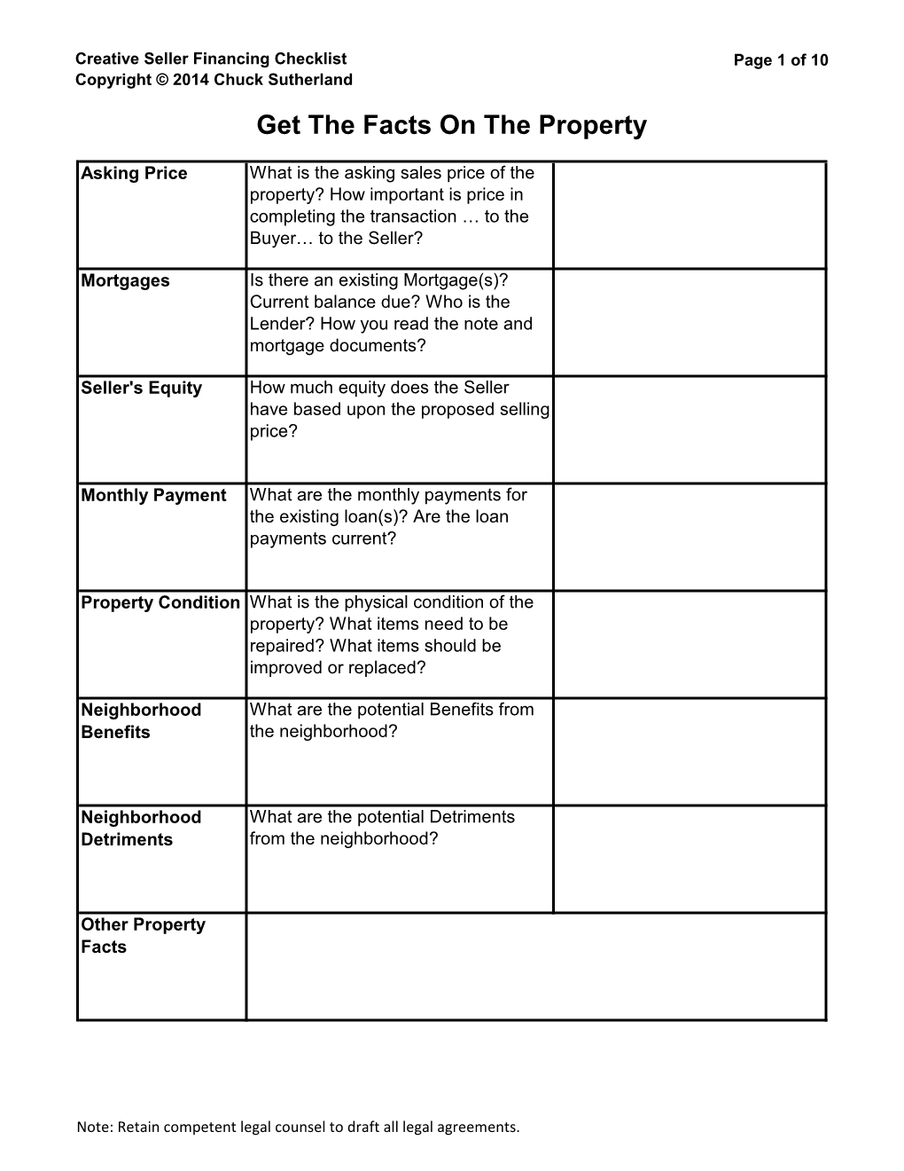 Creative Seller Financing Checklist Page 1 of 10 Copyright © 2014 Chuck Sutherland Get the Facts on the Property