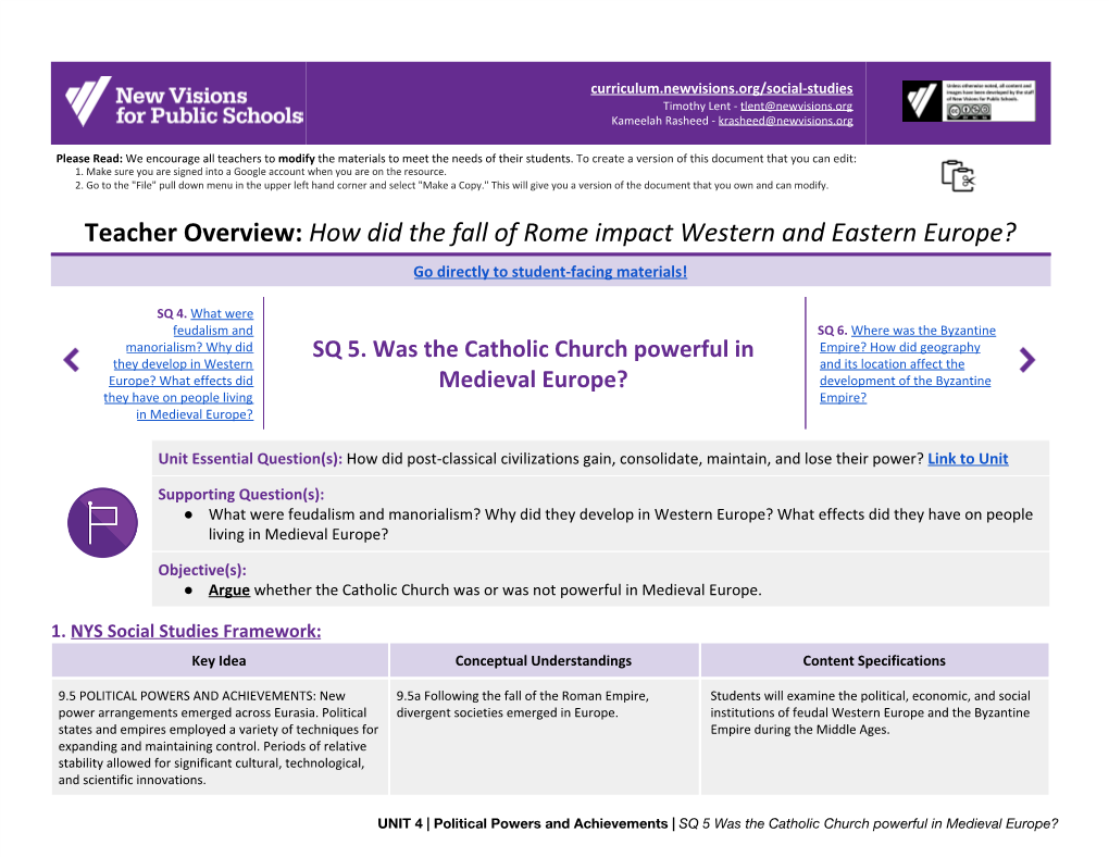 Was the Catholic Church Powerful in Medieval Europe? ​ (Standards: 2, 3, 4, 5; Themes: ID, MOV, GOV, TECH)