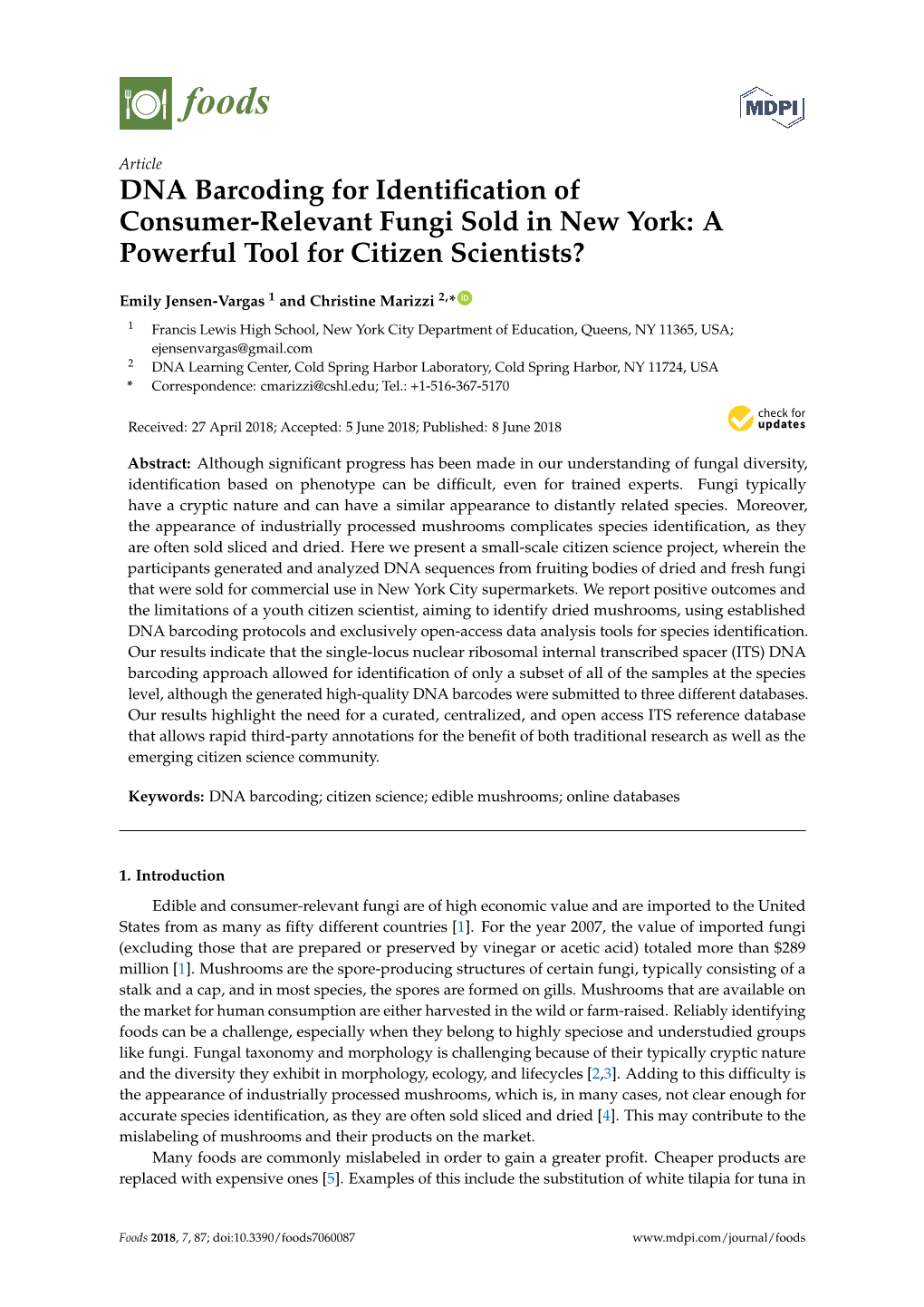 DNA Barcoding for Identification of Consumer-Relevant Fungi