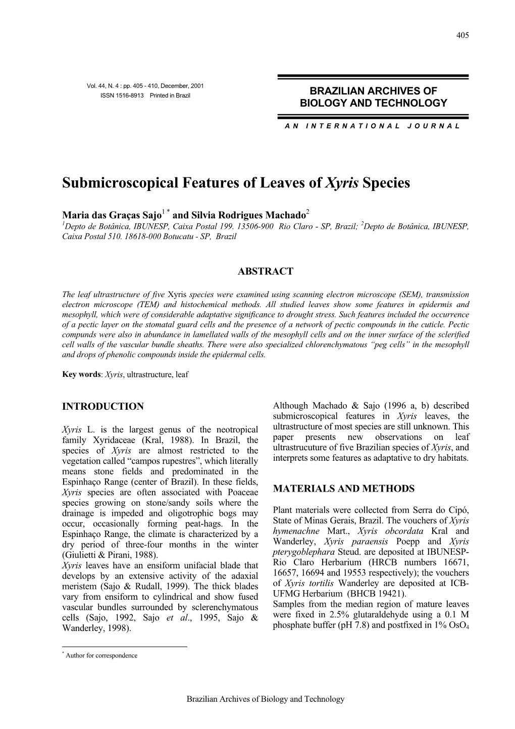 Submicroscopical Features of Leaves of Xyris Species