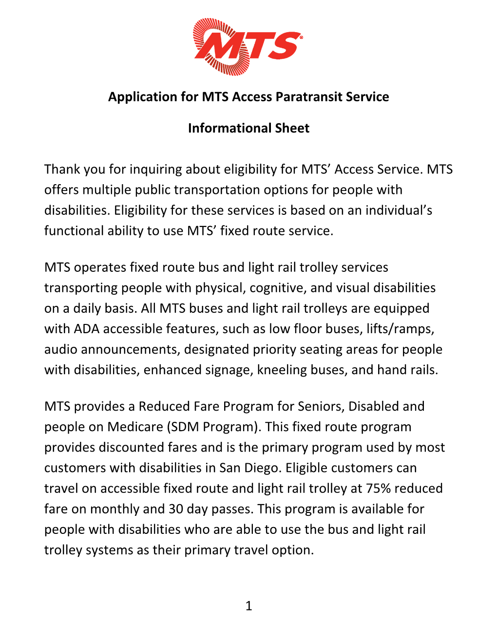 Application for MTS Access Paratransit Service 1 Informational