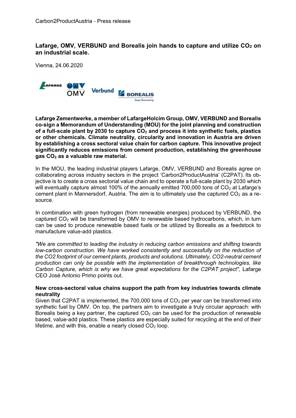 Lafarge, OMV, VERBUND and Borealis Join Hands to Capture and Utilize CO2 on an Industrial Scale