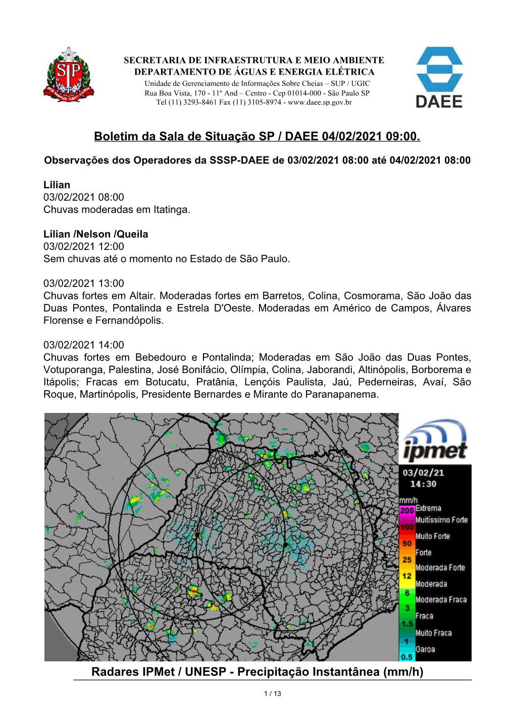 Boletim Da Sala De Situação SP / DAEE 04/02/2021 09:00. Radares